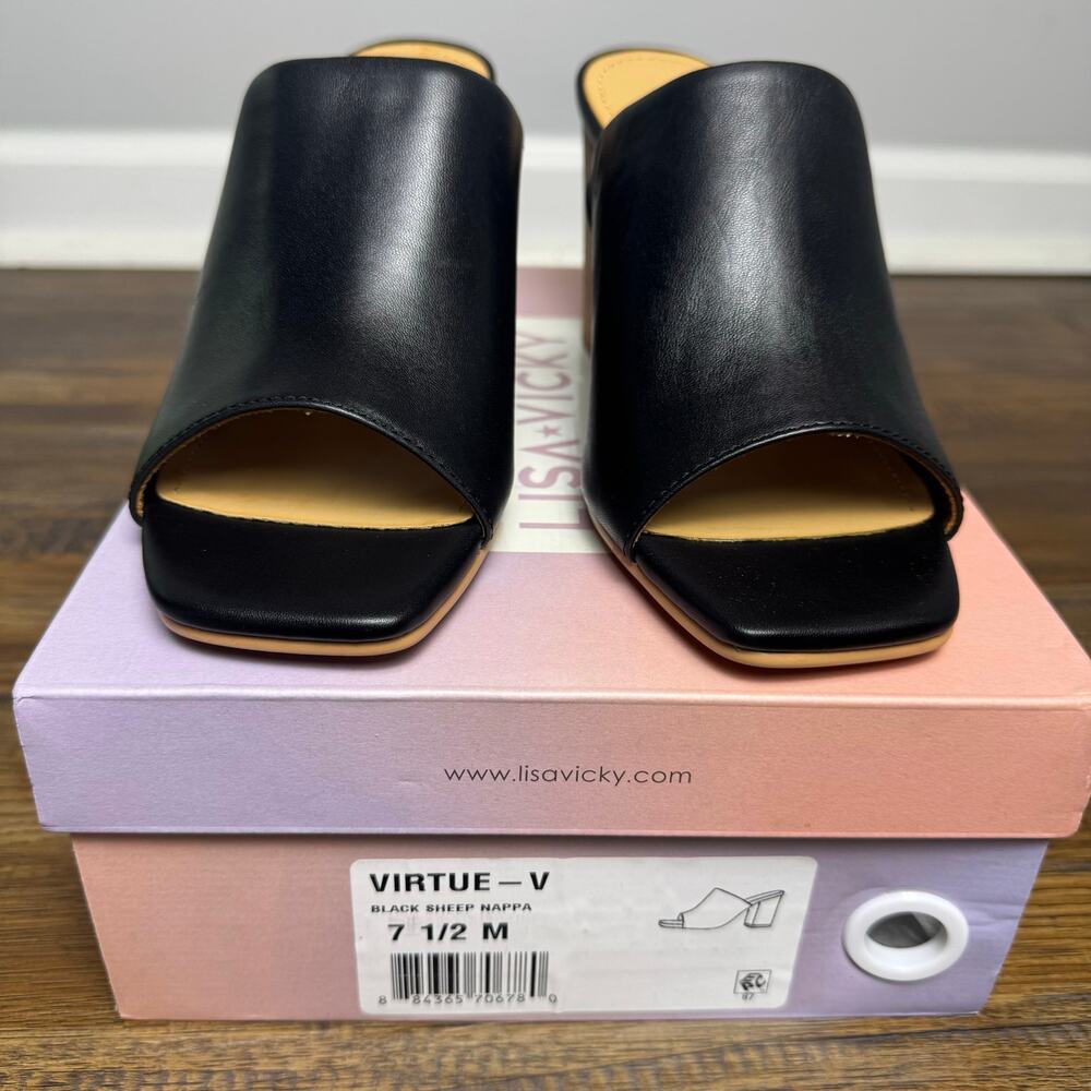 Lisa Vicky VIRTUE-V size 7.5 black sheep nappa stacked block heel slip on sandal - Picture 10 of 12